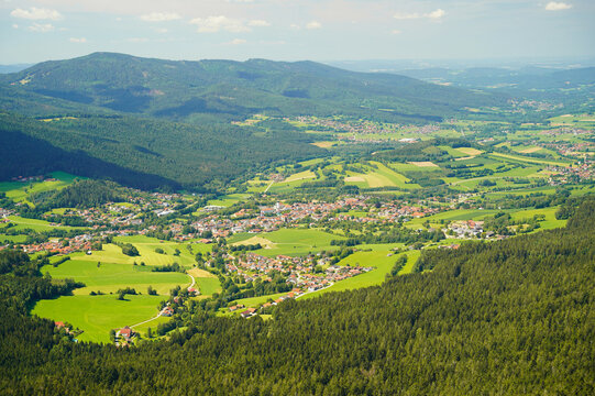 View from mount Osser to Lam, a small town in the Bavarian Forest.
