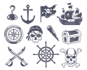 Pirate badges. Tattoo marine emblems for sailors skull and bones drawing anchor old wooden ship exact vector pirate symbols