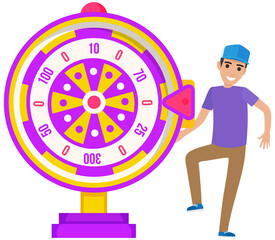 Fortune wheel, game money, winner play luck. Win, jackpot, victory in game. Male character spinning wheel of fortune to win prize, money, success. Young man dancing and celebrating victory, jackpot