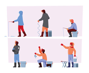 Frozen fishing. Winter characters sitting and extremal seasonal fishing on lake in hot clothes garish vector outdoor activities