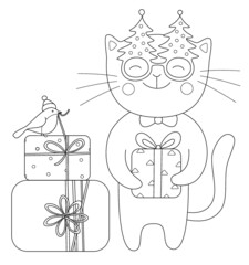  Cartoon cute cat with gift. Vector illustration. Line drawing. Design concept for holiday print, invite, banner, gift tag.