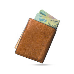 3D rendering of Vietnamese dong notes popping out of a brown leather men’s wallet. Peruvian sol in wallet