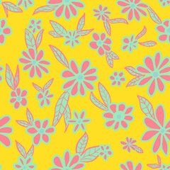 Fototapeta na wymiar Retro flowers with leaves seamless repeat pattern. Random placed, vector florals all over surface print on yellow background.