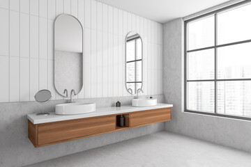 Fototapeta na wymiar Corner view on bright bathroom interior with panoramic window