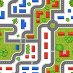 Street map top view. City infrastructure seamless pattern. Urban plan with rooftops, trees and roads. Flat design layout. Town highways and buildings schema background. Vector concept