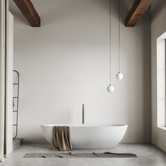 Front view on bright bathroom interior with empty white wall - obrazy, fototapety, plakaty