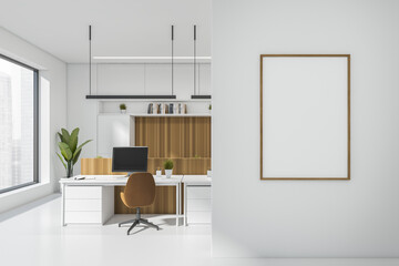 Front view on bright office interior with empty white poster