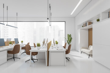 Side view on bright office interior with tables with desktops