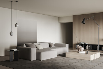 Corner view on bright living room interior with large sofa