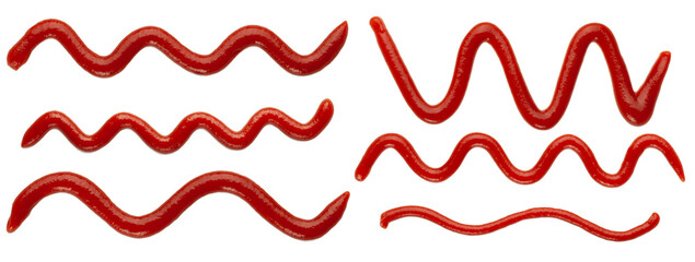 Ketchup spots and lines. Collection of different ketchup shapes isolated on white background.