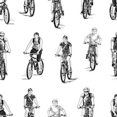 Seamless background of sketches of various cyclists riding forward