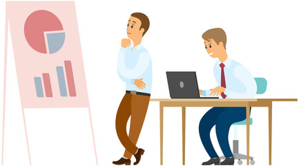 Manager makes presentation of statistical report analysis charts. Planning business. Teamwork consulting for project management, financial reporting and strategy. Data analysis research statistics