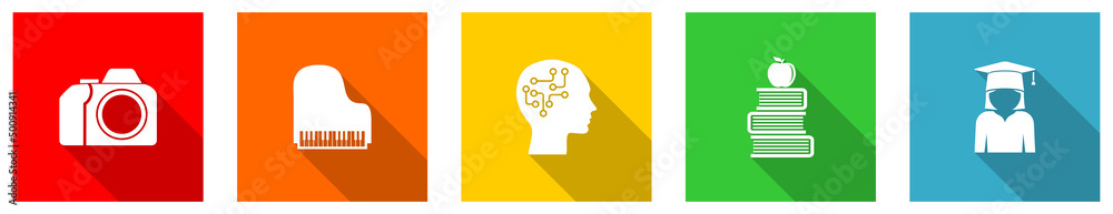 Poster Set of colorful web flat design education vector icons, arts, study concept buttons for webdesign and mobile applications on white background
