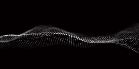 Abstract white particle background. Flow wave with dot landscape. Digital data structure. Future mesh or sound grid. Pattern point visualization. Technology vector illustration.