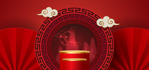Podium and background for Chinese new year,Chinese Festivals, Mid Autumn Festival , flower and asian elements on background.	