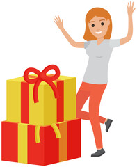 Happy woman dancing near stack of birthday gifts in wrapped boxes. Young smiling person recoices in giftboxes. Girl standing with presents. Female character raises his hands in happiness on holiday