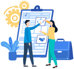 People working with checklist with results of survey, information report with data. Colleagues discuss action business plan on paper sheet. Businesspeople analysing document, contract on clipboard