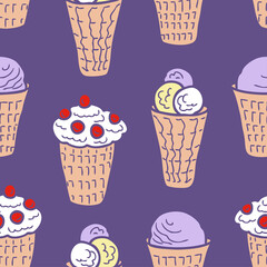Seamless background of abstract waffle cups with ice cream and berries
