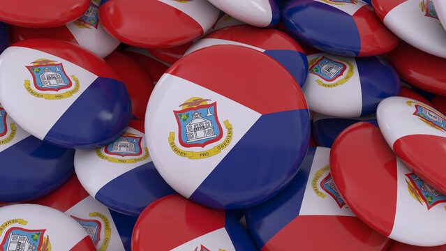 3d rendering of a lot of badges with the flag of Saint Martin.