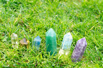 Healing crystals on brown background