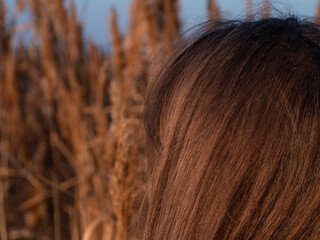 Pretty young woman in black coat with backpack smartphone on pampas grass sunset sky dry reeds....