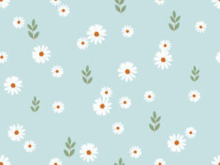 Seamless pattern with daisy flower and leaves on green background vector.