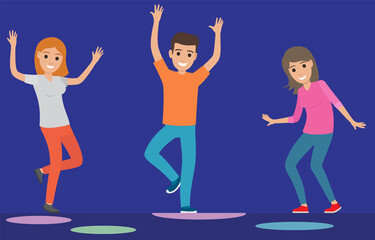 Young people dancing in night club. Celebration party, fun activity, feeling excited concept. Cartoon characters moving rhythmically to music. Men and woman dancing at party vector illustration