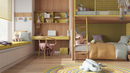 Modern children wooden bedroom with bunk bed in yellow pastel tones, parquet floor, big window with bench and blinds, desk, carpet with toys, pillows and duvet. Interior design