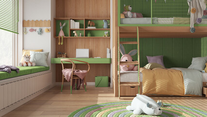Obraz na płótnie Canvas Modern children wooden bedroom with bunk bed in green pastel tones, parquet floor, big window with bench and blinds, desk, carpet with toys, pillows and duvet. Interior design