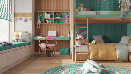 Obraz na płótnie Canvas Modern children wooden bedroom with bunk bed in turquoise pastel tones, parquet floor, big window with bench and blinds, desk, carpet with toys, pillows and duvet. Interior design