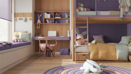 Obraz na płótnie Canvas Modern children wooden bedroom with bunk bed in purple pastel tones, parquet floor, big window with bench and blinds, desk, carpet with toys, pillows and duvet. Interior design