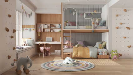 Modern children bedroom with bunk bed in white and pastel tones, parquet floor, big window with bench and blinds, desk, carpet with toys, pillows and duvet. Cozy interior design