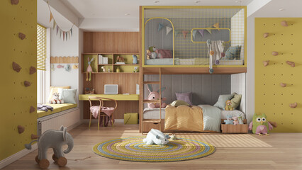Modern children bedroom with bunk bed in yellow and pastel tones, parquet floor, big window with bench and blinds, desk, carpet with toys, pillows and duvet. Cozy interior design