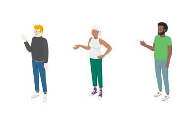 Set of different isometric people on white. Vector illustration flat design isolated. Male and female characters. Office and casual clothes.