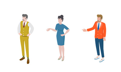 Set of different isometric people on white. Vector illustration flat design isolated. Male and female characters. Office and casual clothes.