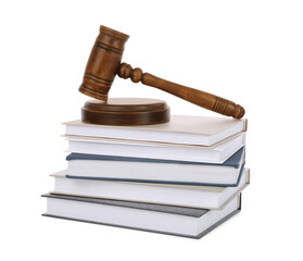 Wooden gavel and stack of books on white background