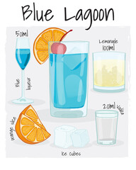 Blue Lagoon Cocktail Illustration Recipe Drink with Ingredients