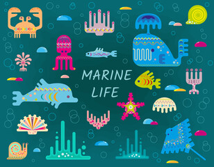 Set of stylized marine inhabitants in the underwater world