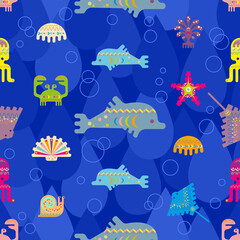 Seamless pattern with underwater inhabitants on a blue background with drops