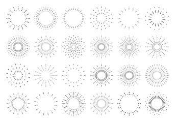 Vintage sunrise collection.  Firework explosion, stars, emblem, logo, tag. Sunburst set. Vector light rays elements. Vector Illustration 