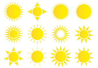Sun icon set. Weather sun icon. Yellow sun star. Summer elements for design. Vector illustration