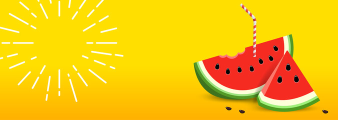 Yellow Summer banner with Watermelon. Sun rays drawn white pencil.
