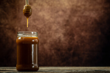 Jar Honey with Honey Dipper, Composition with jar of honey, banner, menu, recipe place for text