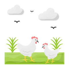 Two Beautiful Hens Pecking Feed in a Farm with clouds Concept, poultry farm chicks vector color icon design, Farming and Agriculture symbol, village life Sign, Rural and Livestock stock illustration