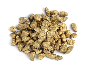 Pile of gold nuggets on white background, top view