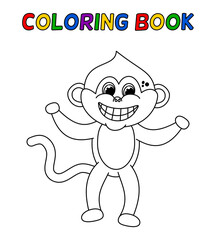 Young smiling monkey standing in black and white for coloring