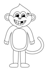 Young smiling monkey standing in black and white for coloring