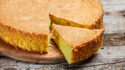 Homemade sponge cake with ingredients on a white wooden table. Bakery background concept. banner, menu recipe place for text, top view