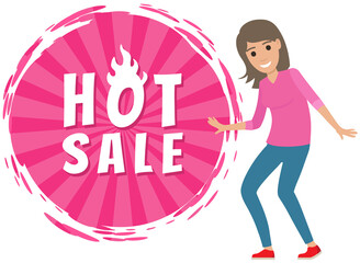 Sale banner with woman dancing near advertising poster. Shopping time promotional style. Lady rejoices in discounts and exclusive offer in store. Female character in dance to sale advertisement