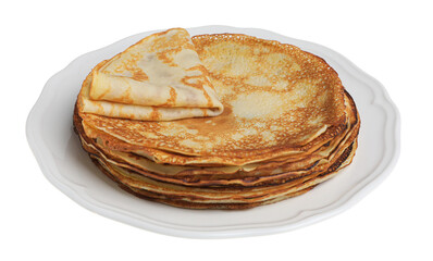 Stack of delicious crepes on plate against white background